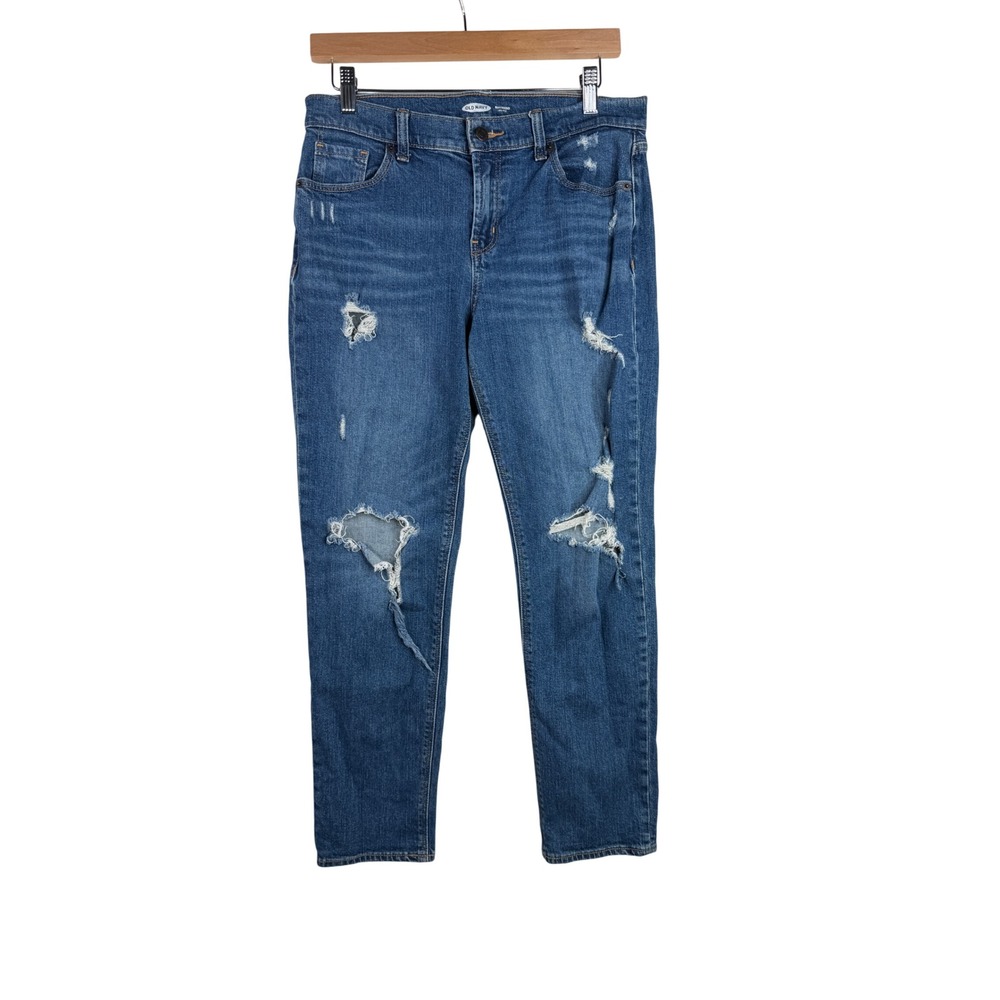Old Navy Women's Boyfriend Mid Rise Distressed Jeans size 4 Medium Blue Denim